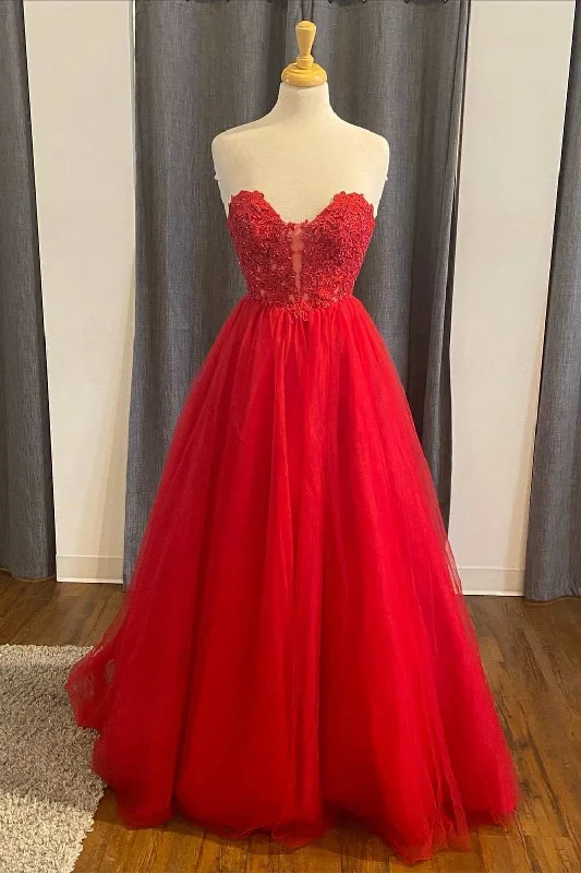 prom dresses for springRed Lace Tulle Sweetheart A-Line Prom Dress