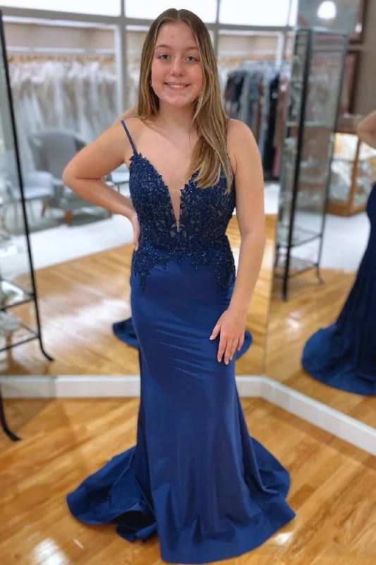 prom dresses with sequin detailingRoyal Blue Mermaid V neckline Rhinestone Long Prom Dress