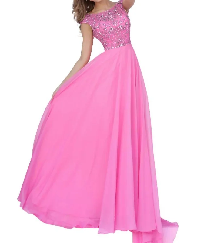 illusion neckline prom dressesBeaded Chiffon Prom Dress In Pink