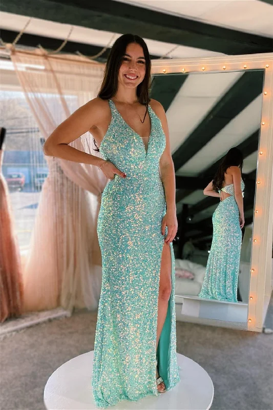 halter neck prom dressesBlue Mermaid V Neck Sequins Halter Cut-Out Long Prom Dress with Slit