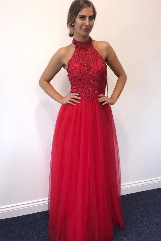 ready-to-wear prom dressesElegant High Neck Red Beaded Prom Dress with Open Back