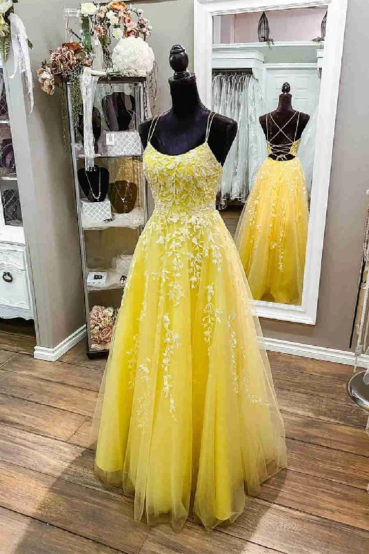 prom dresses with detachable sleevesStraps Yellow Lace Appliques Prom Dress