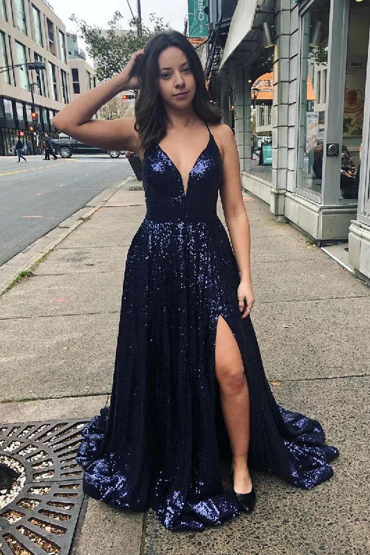 fitted prom dressesSparkly Straps Navy Blue Sequin Long Prom Dress with Slit