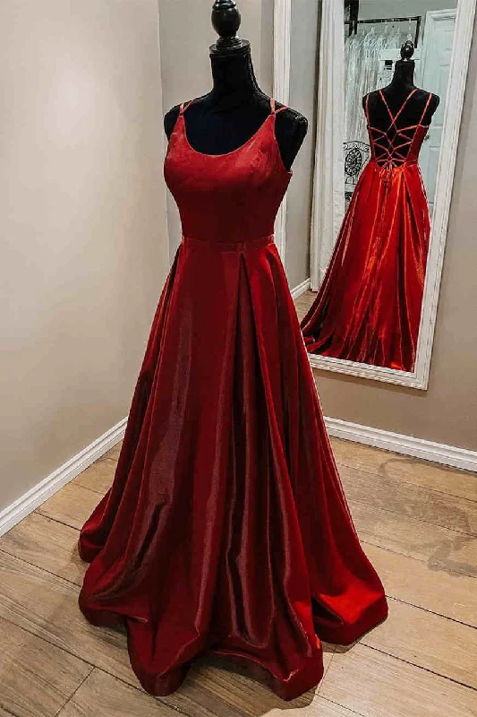 prom dresses with sequin detailingElegant Red Straps Satin Prom Dress