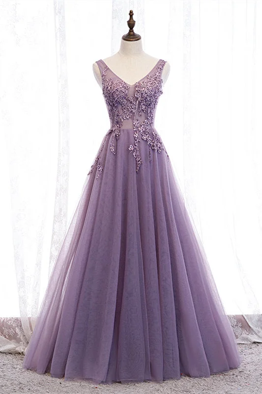 prom dresses with sequin detailingElegant Lilac V-Neck Appiques Long Prom Dress