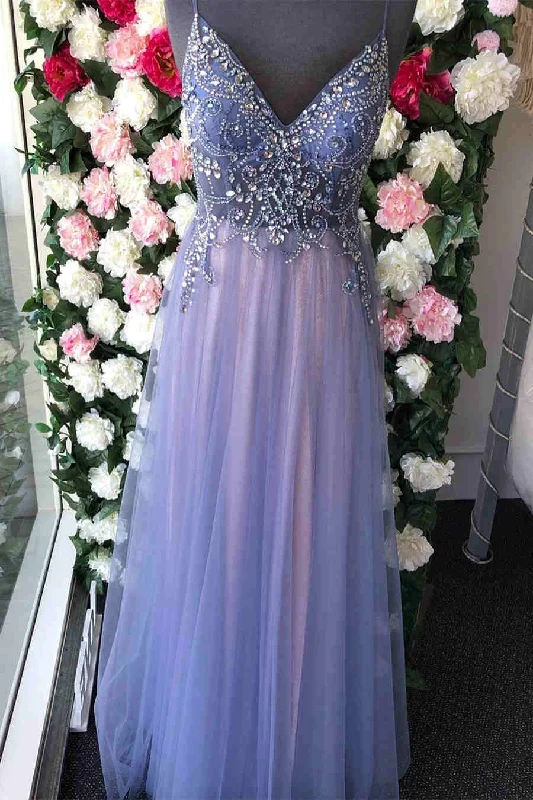 glamorous prom dressesStraps A-Line Tulle Long Prom Dress with Crystal