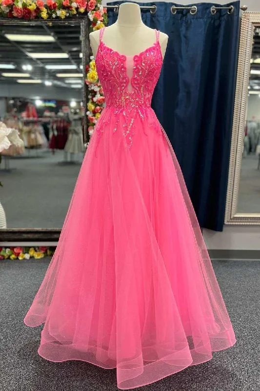 cap sleeve prom dressesHot Pink Tulle Appliques Lace-Up A-Line Long Prom Dress