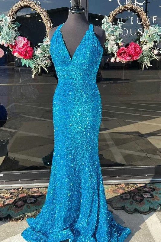 budget-friendly prom dressesBlue Sequin V-Neck Cross-Back Mermaid Long Prom Dress