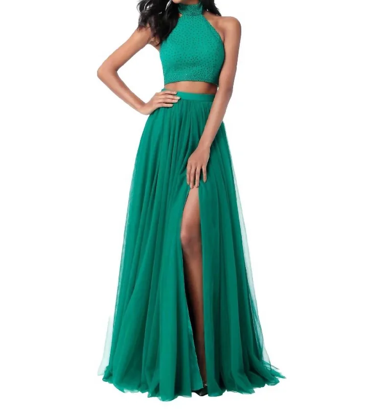 prom dresses with sequin detailingTwo-Piece Beaded Prom Dress In Emerald