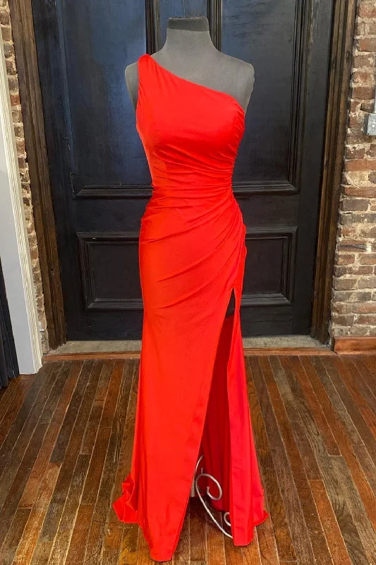 ball gown prom dressesOne Shoulder Red Mermaid Long Prom Dress with Slit