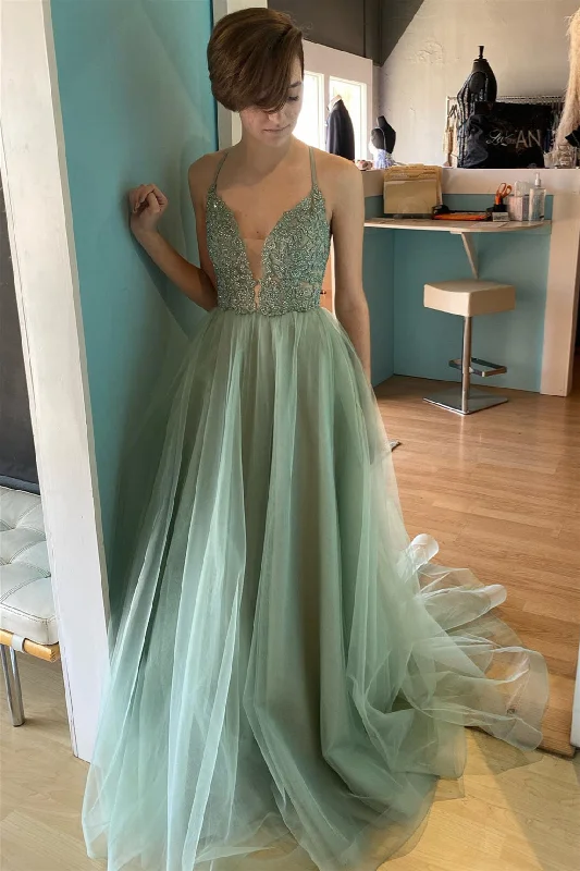 off-the-shoulder prom dressesDusty Sage Deep V Neck Appliques Lace-Up Tulle Long Prom Dress