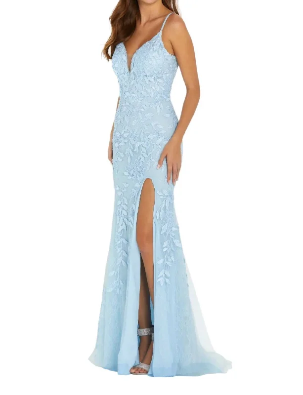 satin prom dressesLace Applique Prom Dress In Light Blue