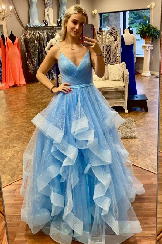 backless prom dressesBlue Tulle Surplice Neck Multi-Tiered A-Line Prom Gown