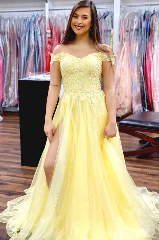 silk prom dressesElegant A-Line Off the Shoulder Yellow Prom Dress with Slit