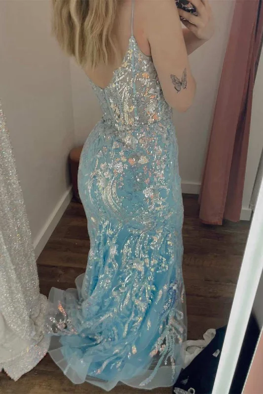 prom dresses with sheer overlaysLight Blue Lace Backless Mermaid Long Prom Dress