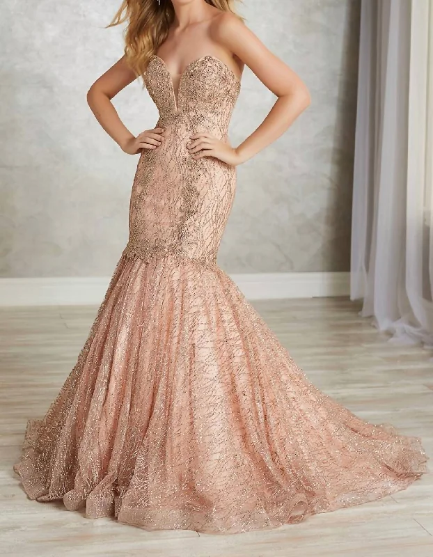 prom dresses with sheer overlaysMetallic Lace Appliques Prom Dress In Rose/gold