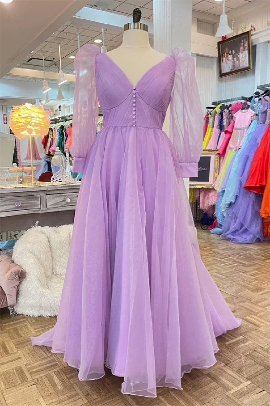 prom dress style guidesLavender Tulle V Neck Illusion Neck Pleated Long Prom Dress