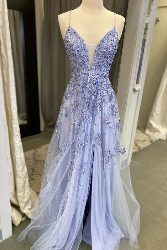 prom dress fitting advicePeriwinkle Floral Lace Plunge V A-Line Prom Dress with Slit