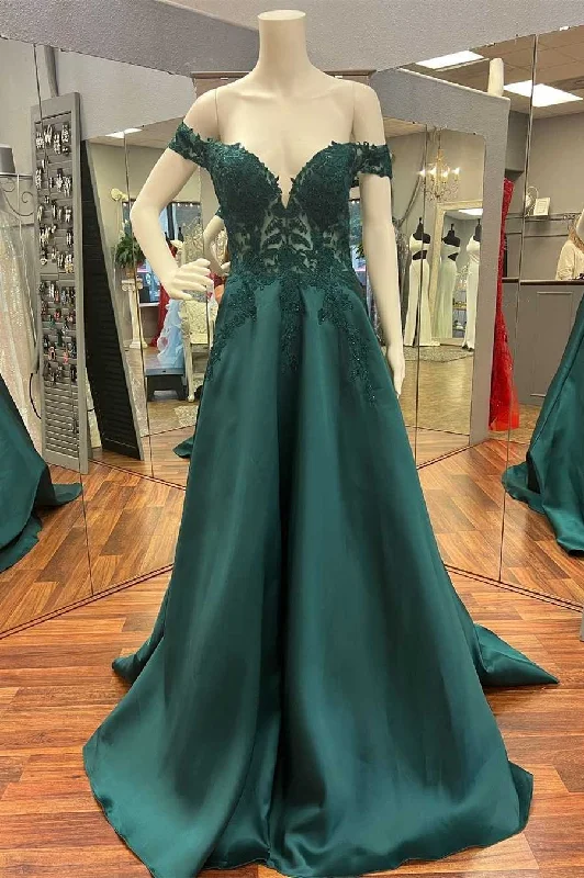 prom dress shopping tipsHunter Green Lace Off-the-Shoulder A-Line Long Prom Dress