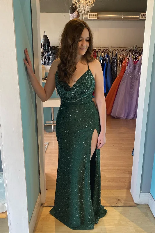 vintage prom dressesGreen Mermaid Cowl Neck Beaded Lace-Up Back Long Prom Dress with Slit