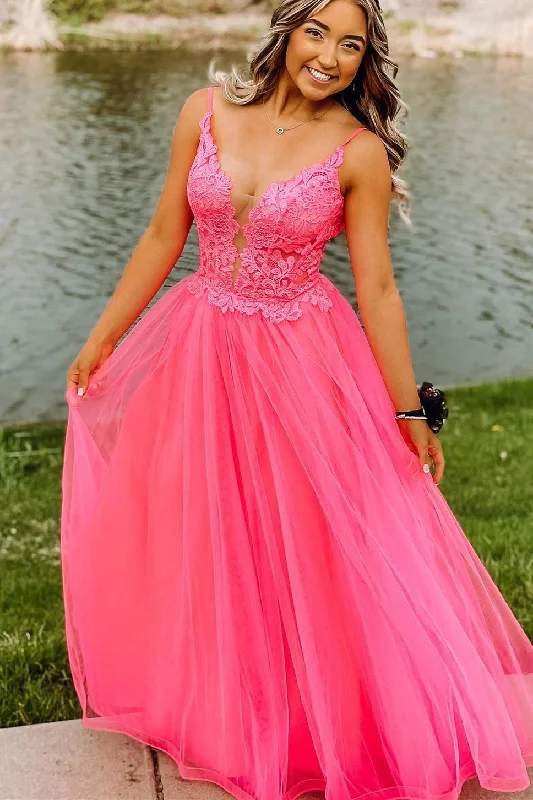 flutter sleeve prom dressesHot Pink Princess A-line Lace and Tulle Prom Dress