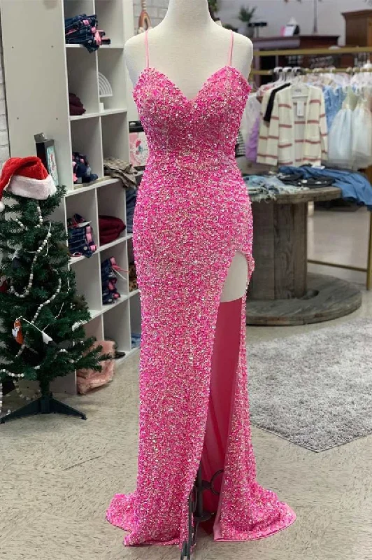 vintage prom dressesHot Pink Sequin Sweetheart Long Prom Dress with Slit