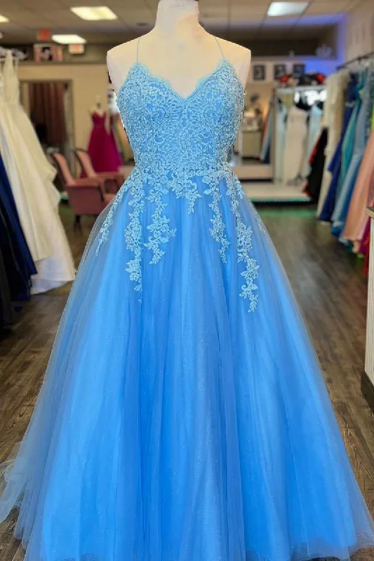 mermaid prom dressesBlue Tulle Appliques Lace-Up Back A-Line Prom Dress