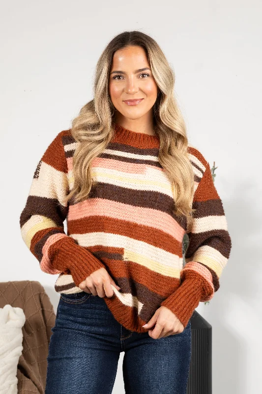 Luxurious SweatersBurnt Orange Multicolor Stripes Sweater