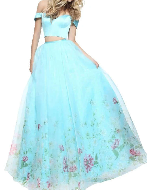 dark prom dressesOrganza Prom Dress In Aqua Print