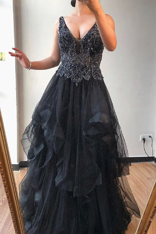 petite prom dressesV Neck Black Beaded Long Prom Dress with Layered Ruffles