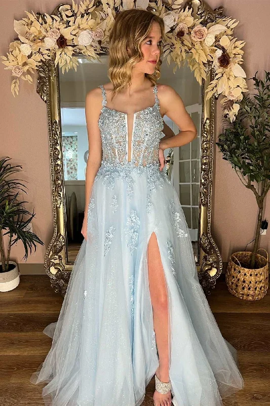 empire waist prom dressesLight Blue Floral Lace Split Neck A-Line Prom Dress with Slit