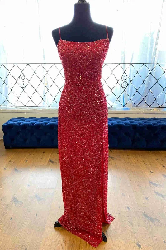 prom dresses for summerGlitter Red Sequis Long Prom Dress