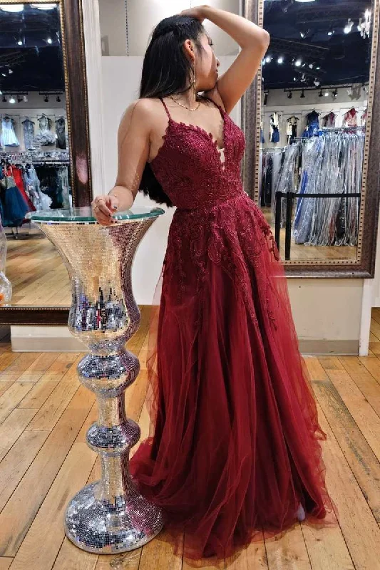 illusion sleeve prom dressesWine Red Lace Plunge V Lace-Up A-Line Prom Dress