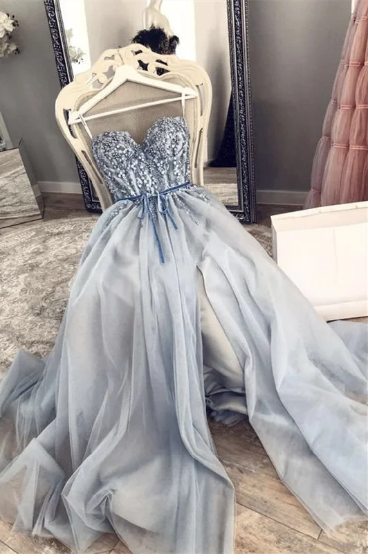 prom dresses for apple shapesA-Line Grey Beaded Top Prom Dress with Slit