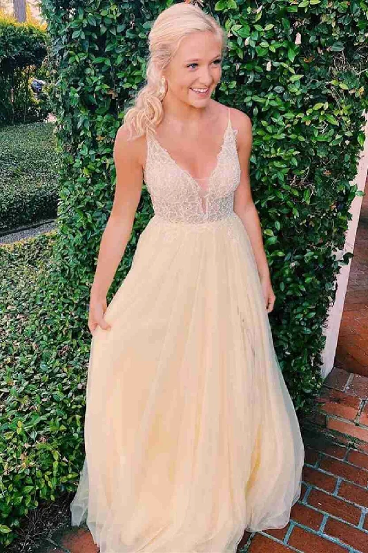 lace prom dressesV-Neck Backless Yellow Long Prom Dress