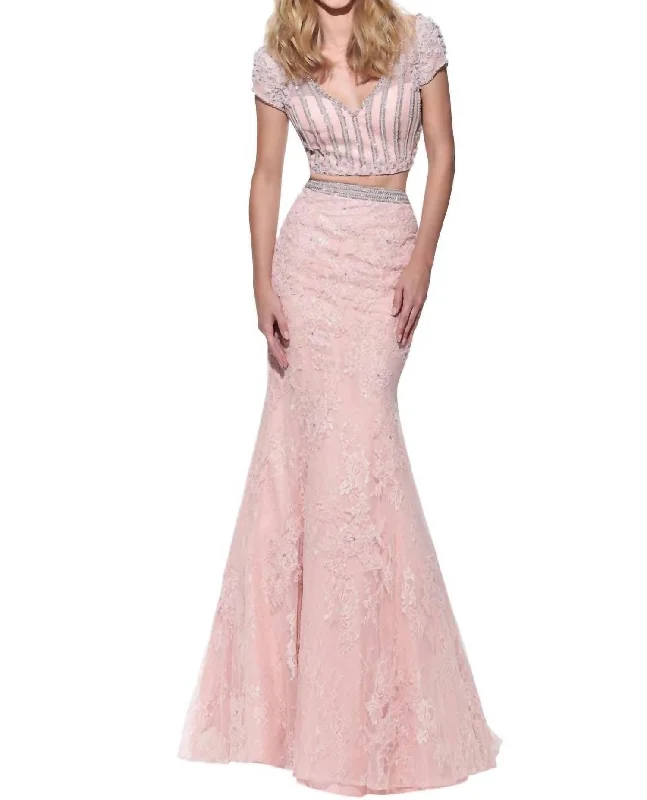 sparkly prom dressesLace Mermaid Prom Dress In Blush