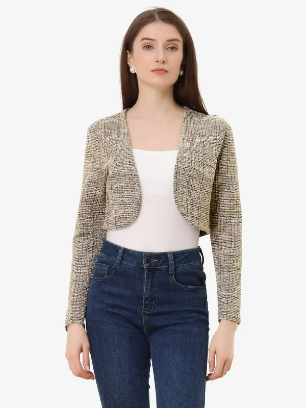 Fashionable SweatersVintage Tweed Shrug Plaid Open Front Cropped Bolero Cardigan