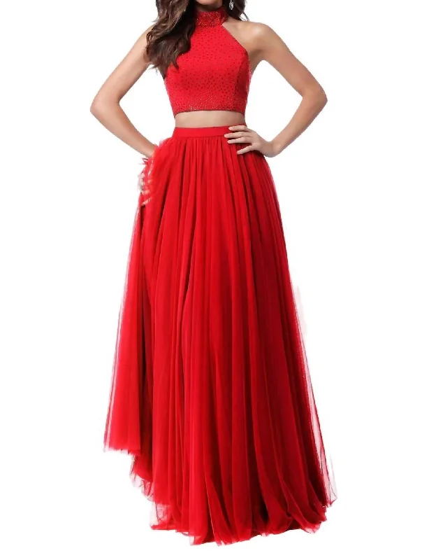 prom dresses with pocketsTwo-Piece Beaded Prom Dress In Red