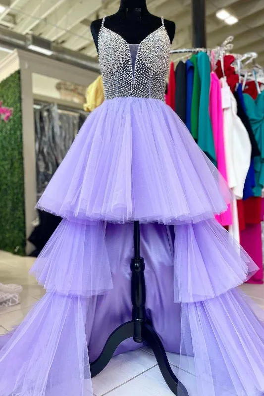 floral prom dressesHigh-Low Lavender Beaded Multi-Tiered Prom Dress