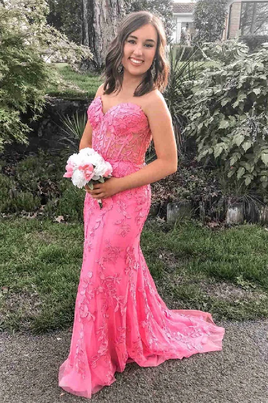 off-shoulder prom dressesSweetheart Hot Pink Lace Appliques Prom Dress