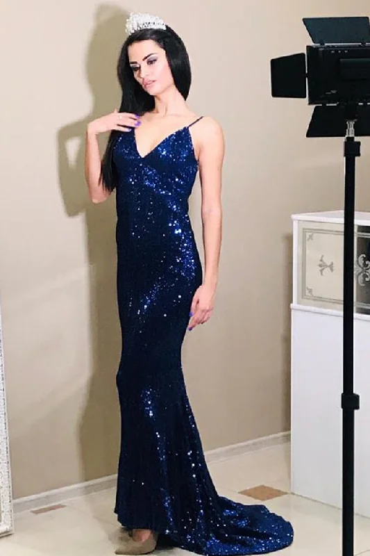 illusion neckline prom dressesGorgeous V Neck Mermaid Navy Blue Sequin Prom Dress