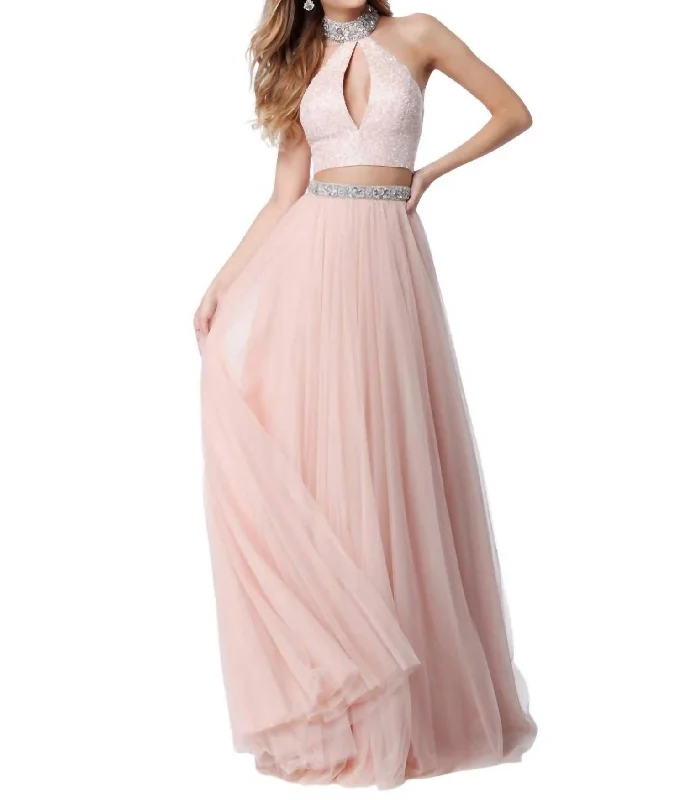 thigh-high slit prom dressesTwo-Piece Beaded Keyhole Prom Dress In Blush