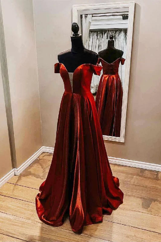 prom dresses with trainsOff the shoulder Red Long Prom Dress