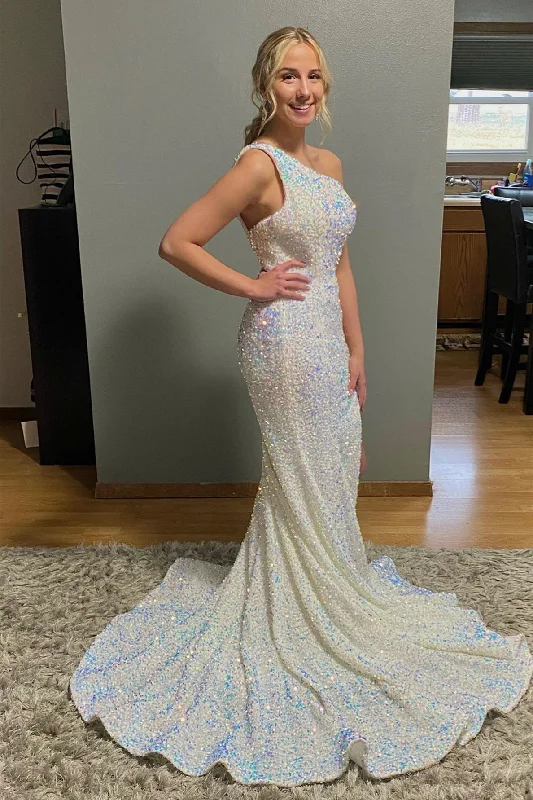 spaghetti strap prom dressesIvory Mermaid One Shoulder Sequins Sweeping Long Prom Dress with Slit