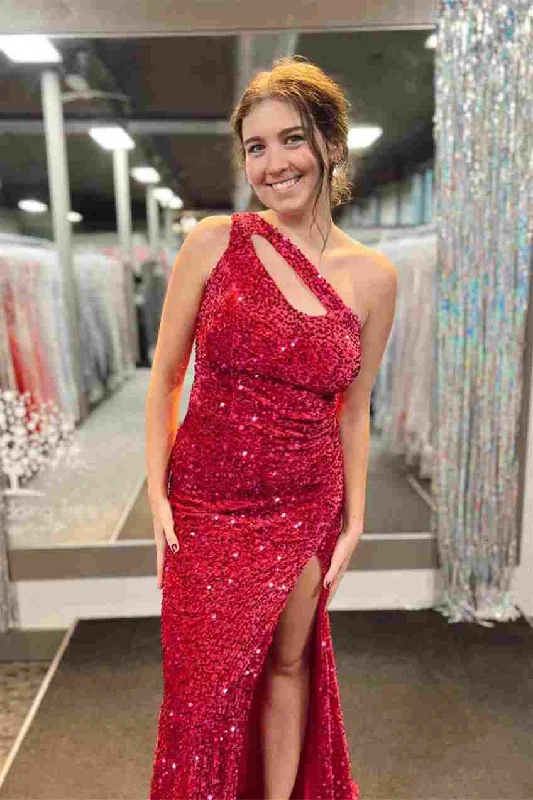 floral prom dressesRed Mermaid One Shoulder Cut-Out Sequins Long Prom Dress with Slit