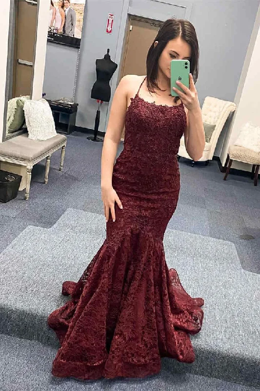 prom dresses with beaded accentsWine Red Straps Lace Appliques Mermaid Prom Dress