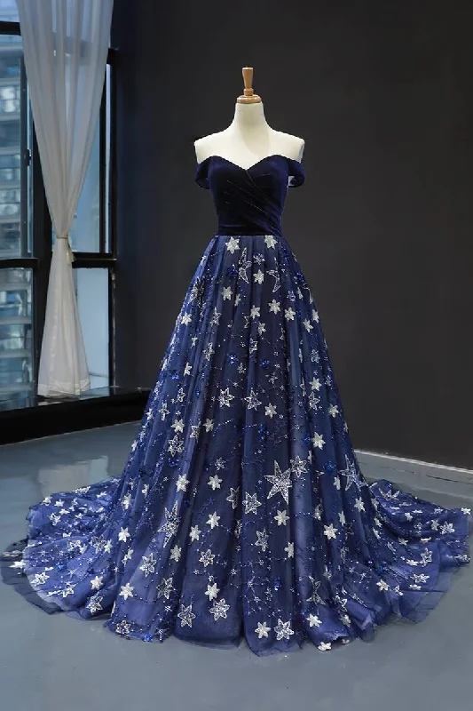 prom dresses with sheer overlaysElegant Off the Shoulder Navy Blue Prom Dress