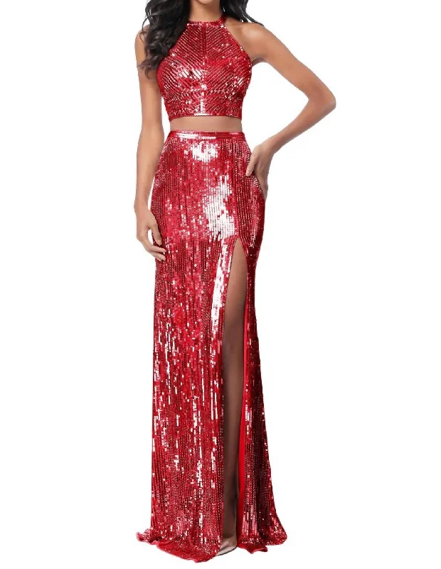 mini prom dressesTwo-Piece Sequin Prom Dress In Red