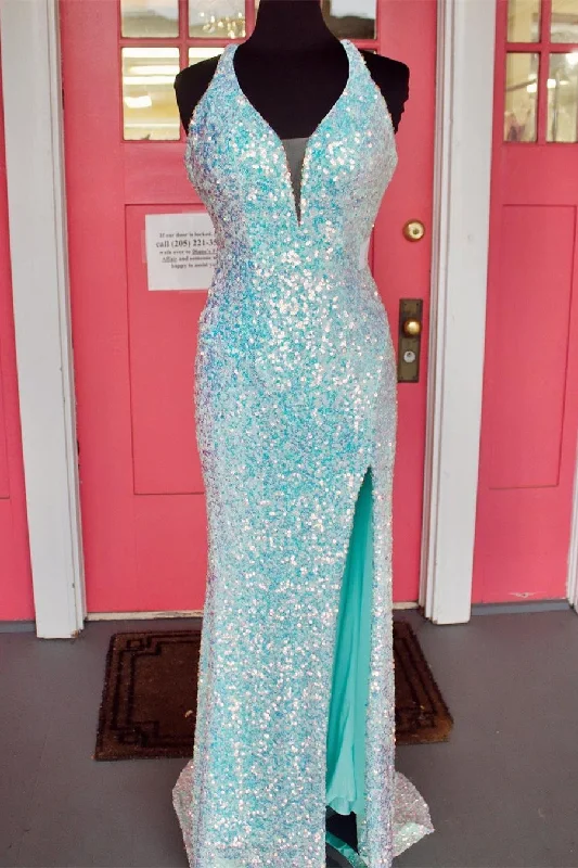 illusion neckline prom dressesGlitters Blue Sequins Mermaid Long Prom Dress