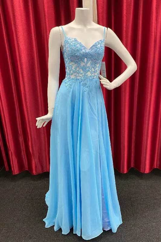 convertible prom dressesSky Blue Chiffon Floral Keyhole A-line Long Prom Dress